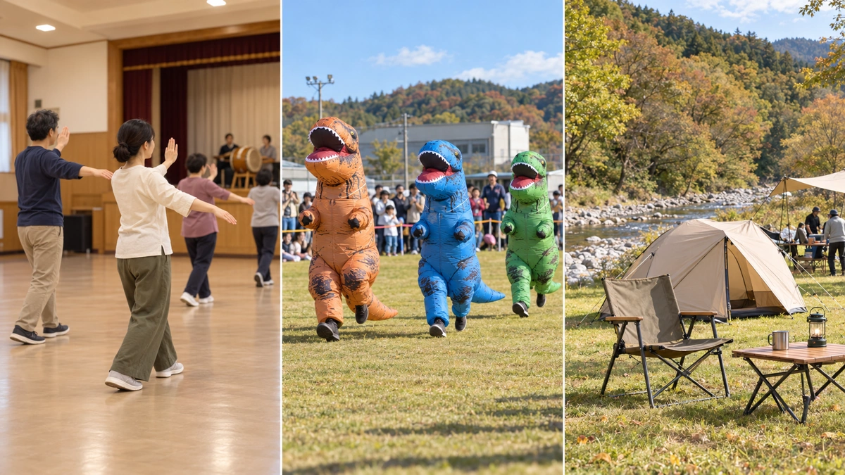 室内の盆踊り練習、恐竜の着ぐるみレース、河畔のキャンプ道具を3分割で描いた秋田の週末のイメージ