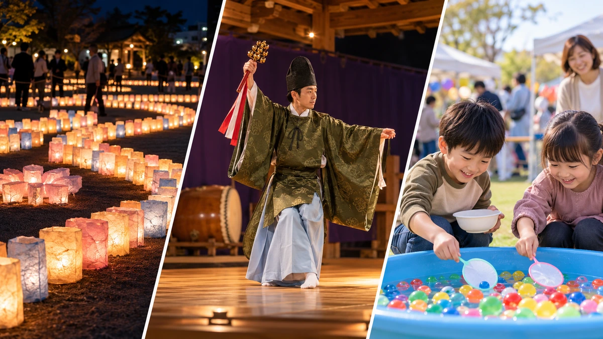 和紙の灯明が並ぶ夜の街、鈴を持つ神楽の舞、スーパーボールすくいを楽しむ子どもたちを左から3分割で描いたイメージ