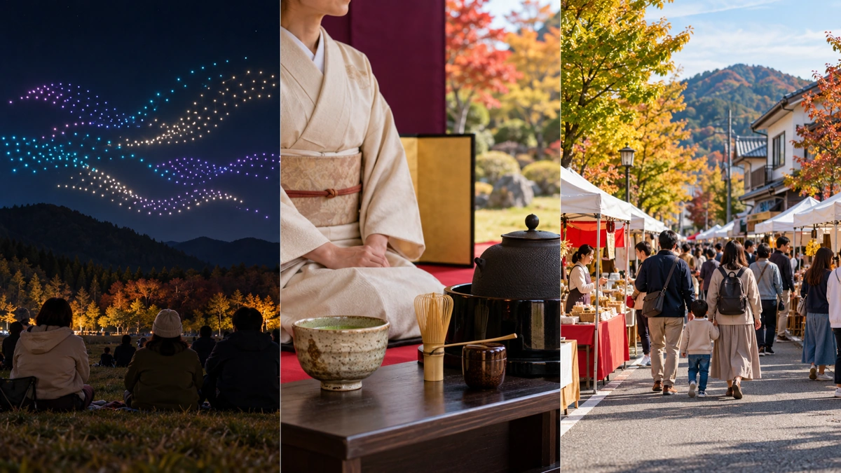 山里の夜空のドローンの光、秋の茶席、露店が並ぶ通りを3分割で描いた福島の週末のイメージ