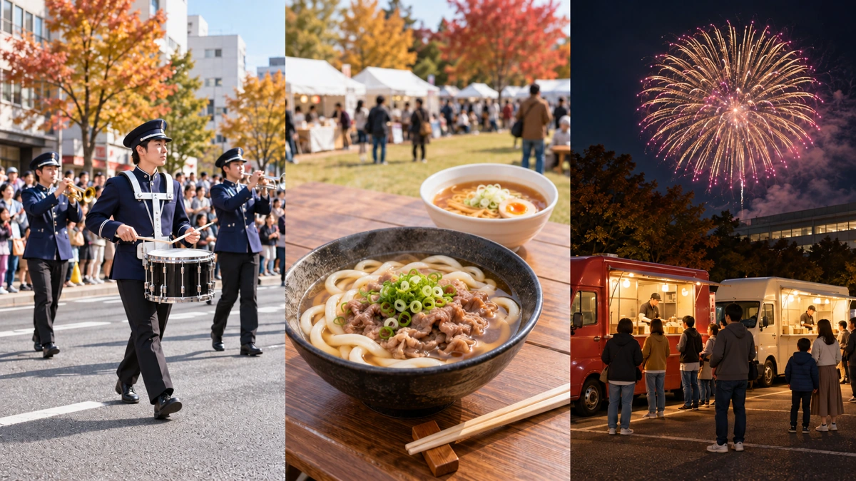 高崎の街頭マーチング、館林の麺料理、吉井の夜のキッチンカーと花火を3分割で描いたイメージ