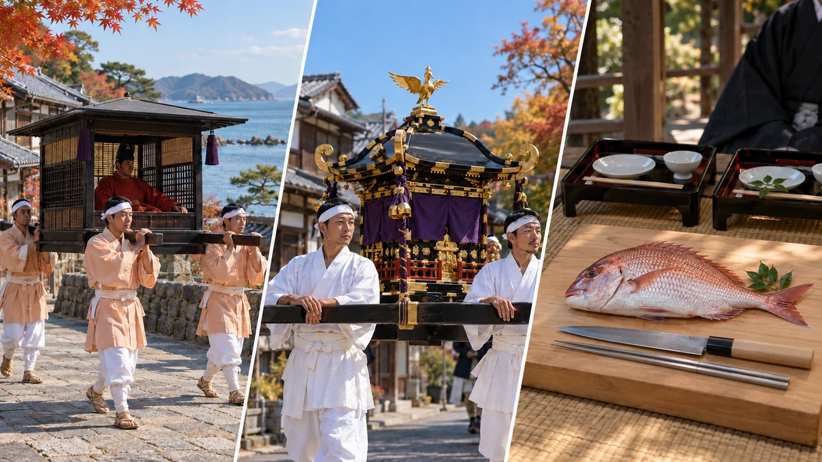 海沿いの石畳を進む輿の行列、神輿を担ぐ行列、鯛と包丁・金箸・膳を左から3分割で描いたイメージ