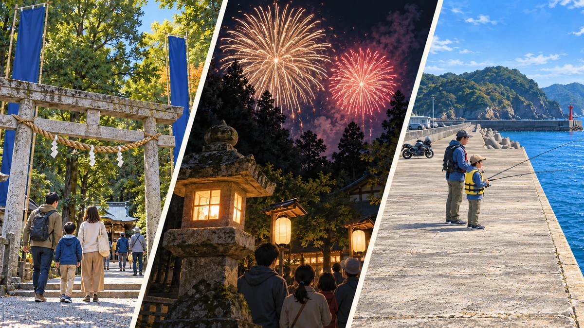 鳥居と幟のある神社の昼、神社で見上げる夜の花火、港の堤防の内側でライフジャケットを着て釣る親子を3分割で描いたイメージ
