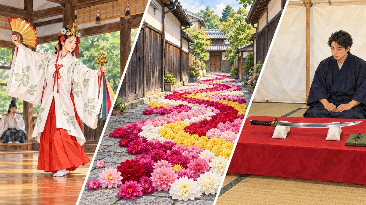 扇と鈴を手に神楽を舞う巫女、歴史ある路地のダリア花絨毯、展示された刀剣を静かに鑑賞する姿を本文順の3面で描いたイメージ