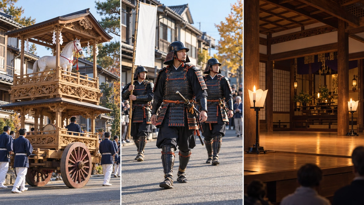 岩船の白木の屋台、栃尾の甲冑姿の行列、正法寺本堂の開演前の舞台を3分割で描いたイメージ