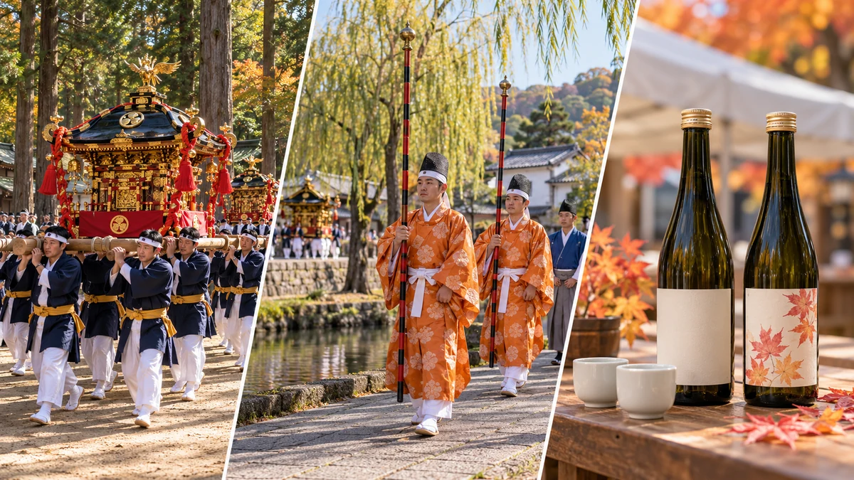森の境内で担がれる神輿、倉敷川沿いを進む祭礼の行列、日本酒の瓶と杯を左から3分割で描いたイメージ
