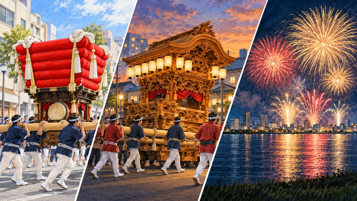 五段の赤いふとん太鼓、彫刻のある木造地車と祭りの担い手、川面に映る夜の花火を本文順の3面で描いたイメージ