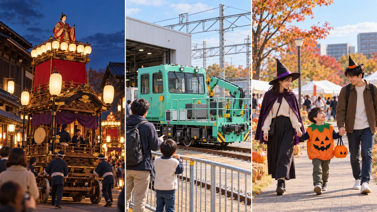 川越の提灯付き山車、浦和美園の昼の鉄道展示、三郷の仮装親子のパレードを3分割で描いたイメージ