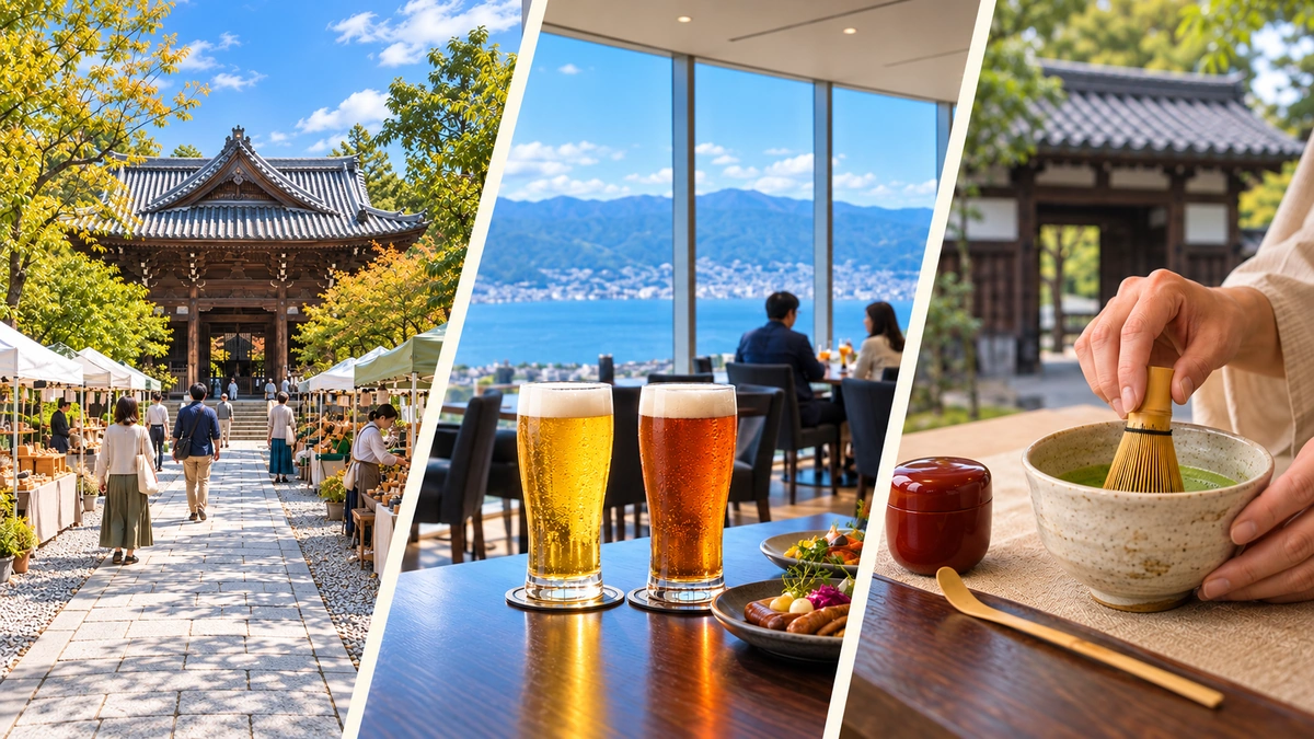 寺の参道と門前市、湖を望む高層階のビール、歴史建築の前で点てる抹茶を本文順の3面で描いたイメージ