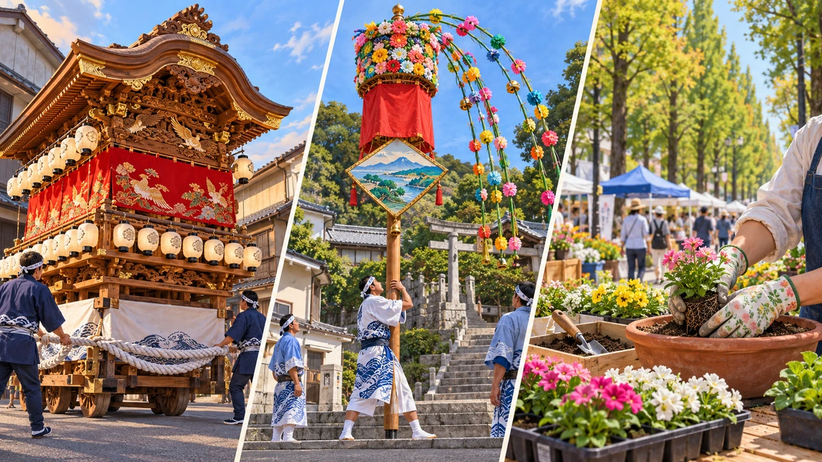 彫刻と赤い天幕の掛塚屋台、飾りと鈴の付いた川奈の万灯を担ぐ人、花を鉢に植える手を3分割で描いたイメージ
