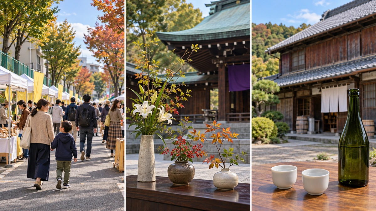 練馬の街のまつり、九段の神社の献華、東京発着で訪れる茨城の酒蔵と試飲を3分割で描いたイメージ