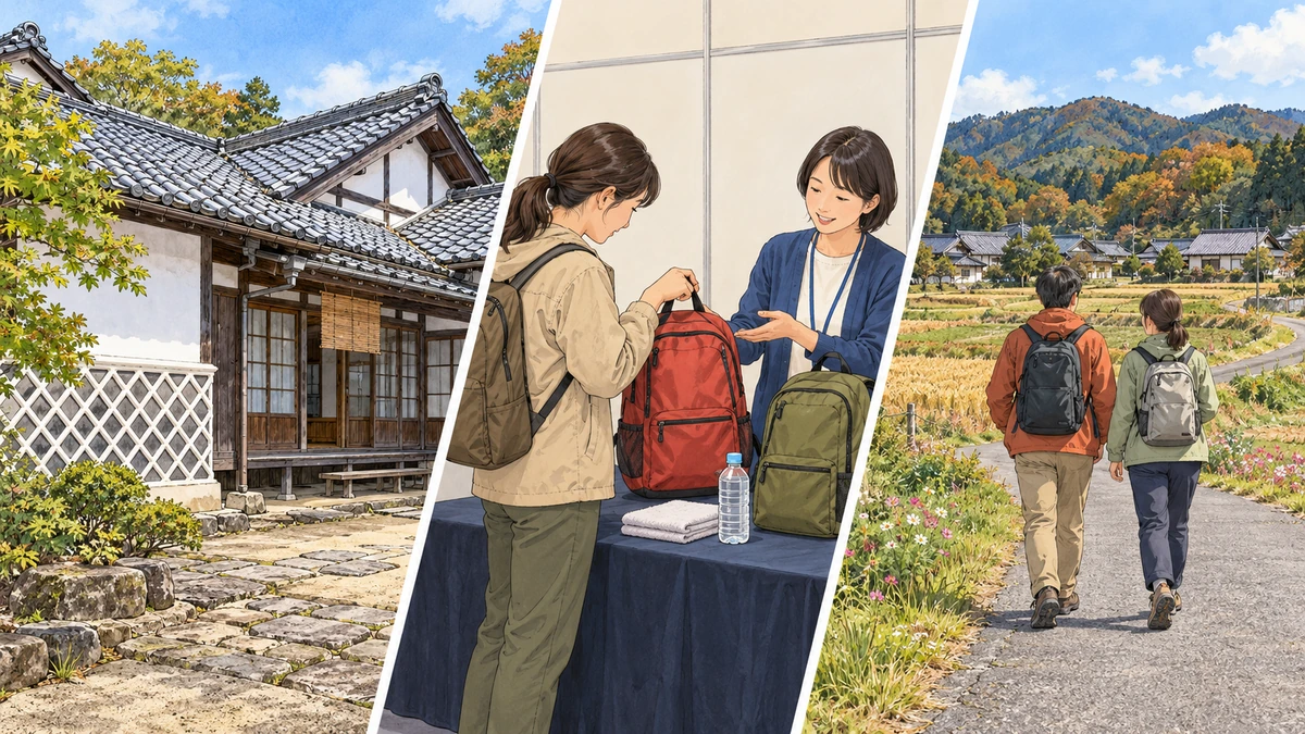 瓦屋根と白壁の古い住宅外観、防災リュックの重さを考える体験、昼の田畑と民家の道を歩く参加者を本文順の3面で描いたイメージ