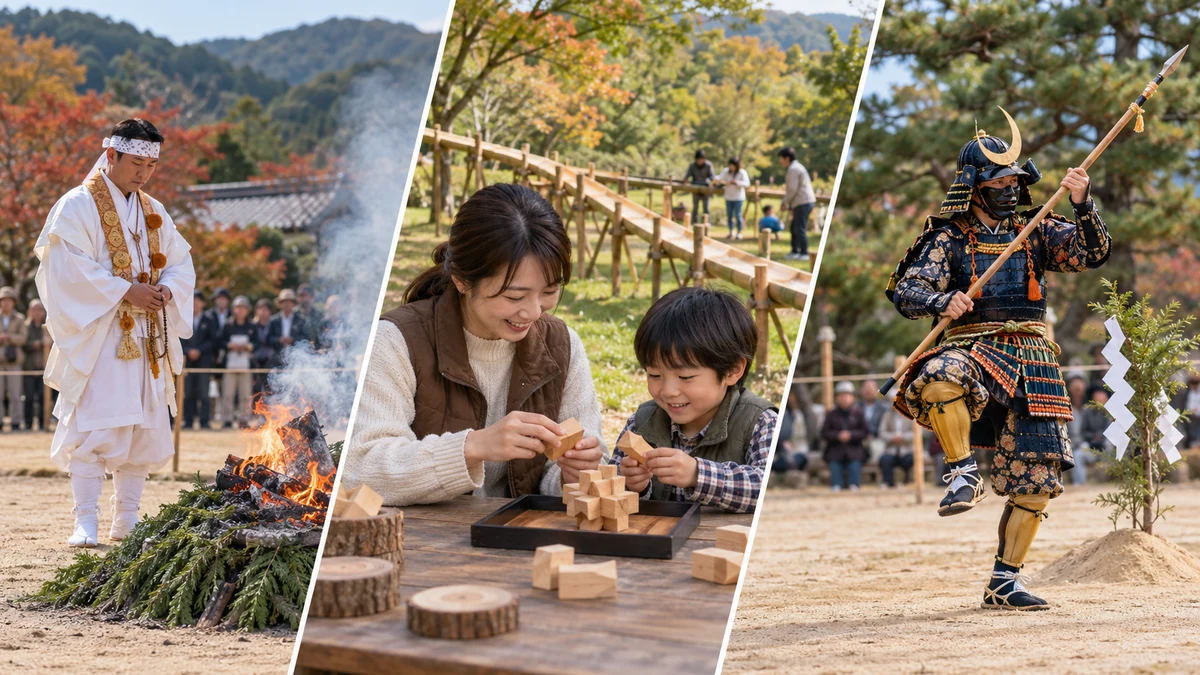 昼の火祭り神事、里山で木のパズルを楽しむ親子、甲冑を着けて槍を持つ武者舞を左から3分割で描いたイメージ