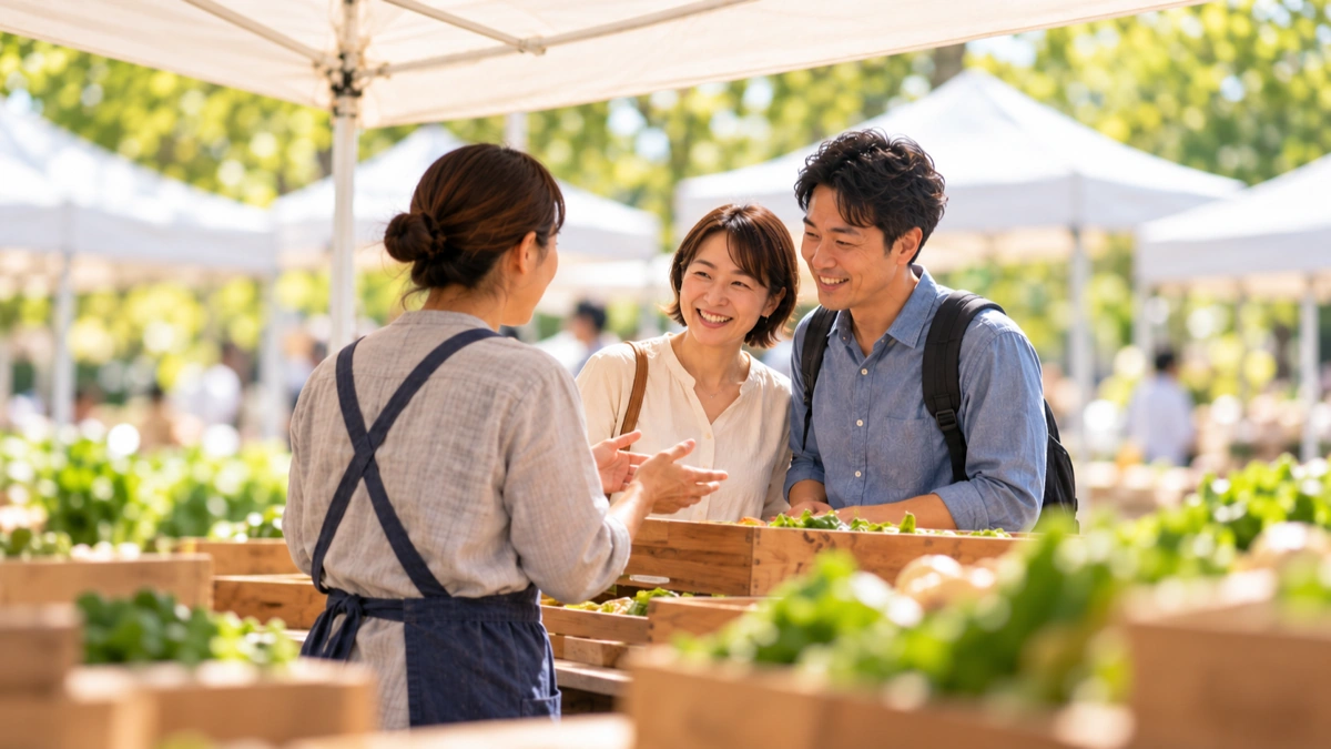 白いテントの下、木箱を並べた物産ブースで、エプロン姿の店員と二人の来場者が会話するイメージ