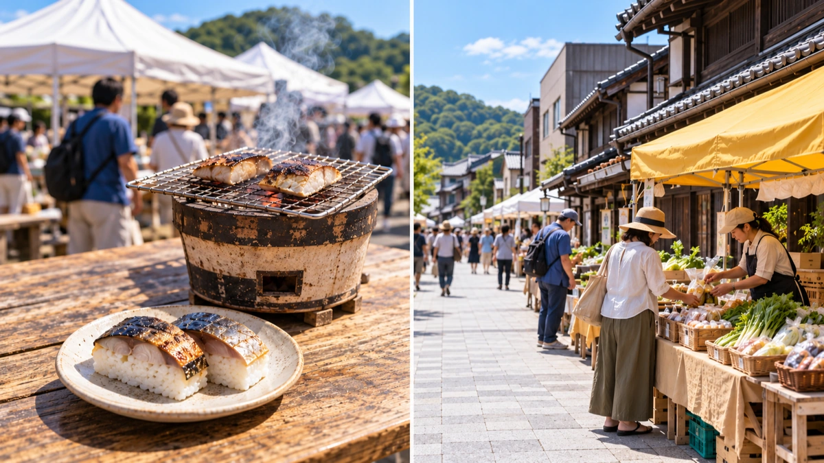鯖寿司と七輪の焼き魚、黄色いテントの朝市で品物を選ぶ人々を左右2面で描いたイメージ。