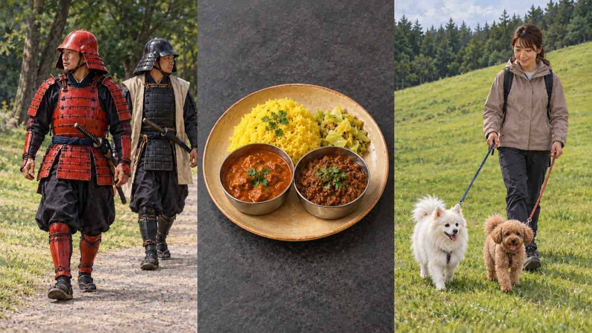 赤と黒の甲冑を着て歩く人々、黄色いライスとカレーの皿、草地でリードを付けた犬と歩く人を左から3分割で描いたイメージ