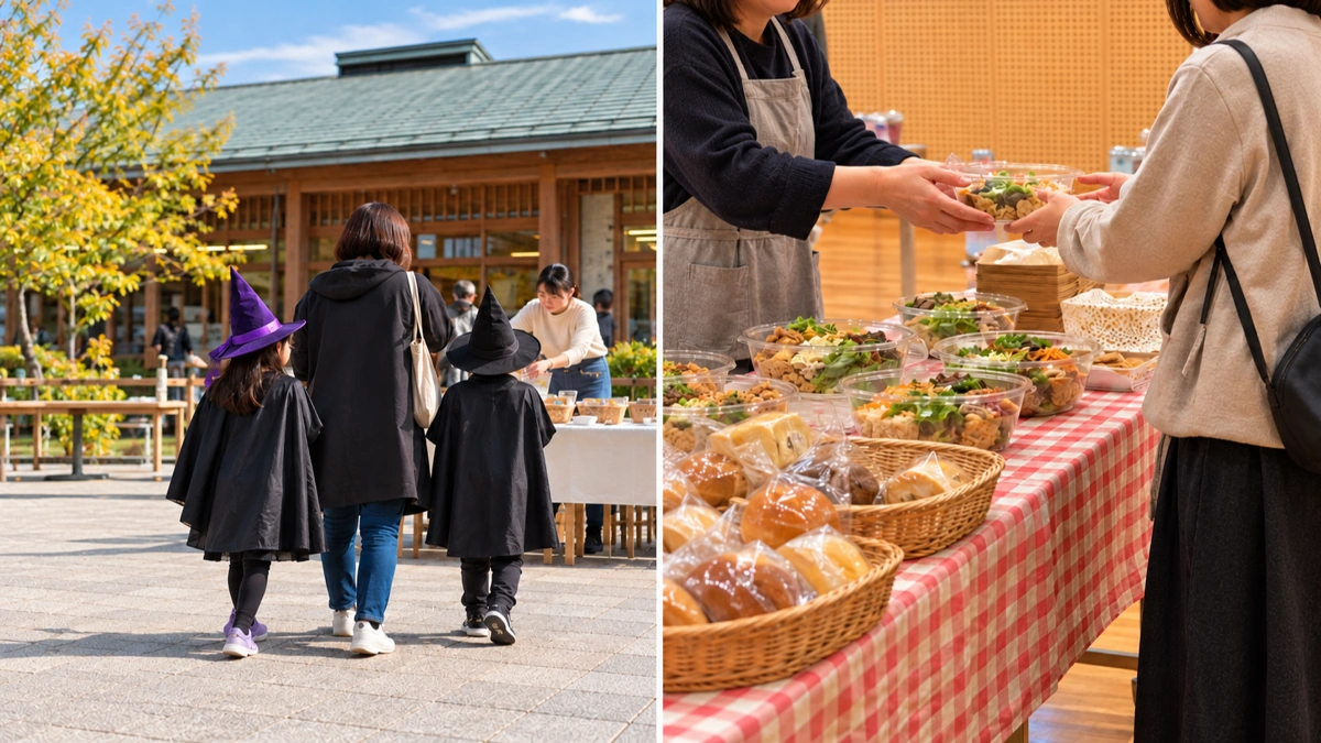とんがり帽子とマント姿で広場を訪れる親子と、屋台の料理を受け渡す手を並べた2分割のイメージ。