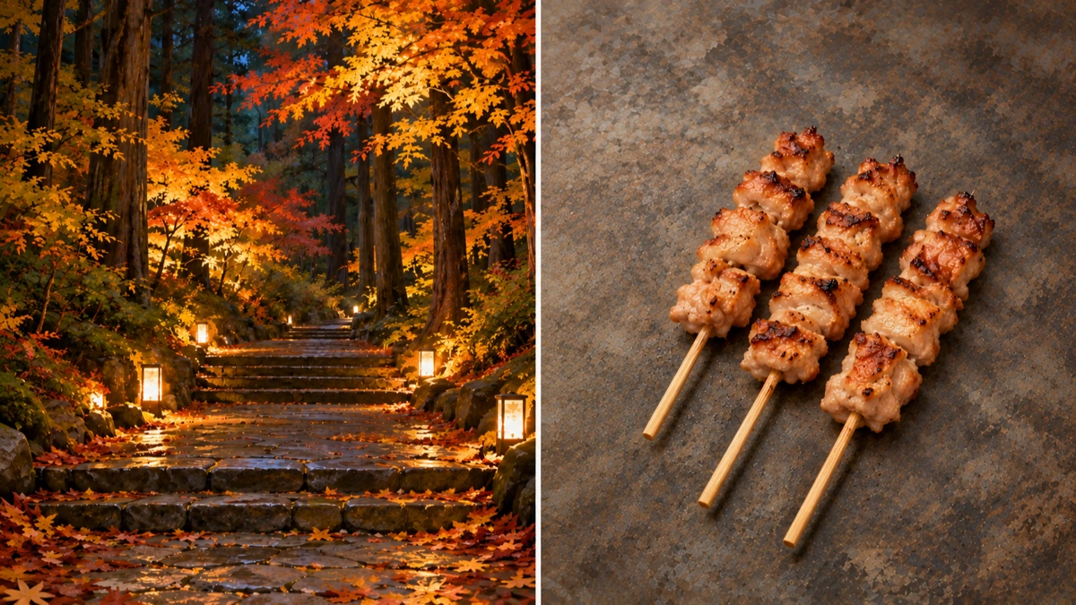 紅葉と足元の灯りが続く石の参道、三本の焼き鳥を左右2面で描いたイラスト。