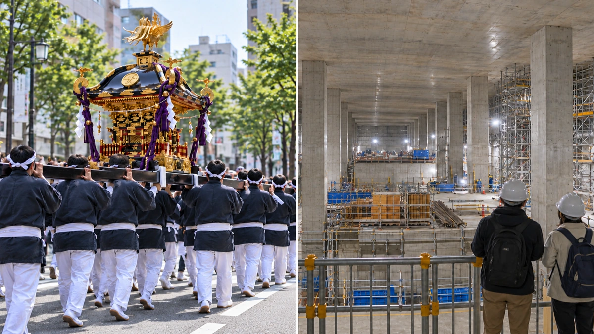 街路でみこしを担ぐ人々と、工事中の地下空間を安全柵の手前から眺める人々を左右2面で描いたイメージ