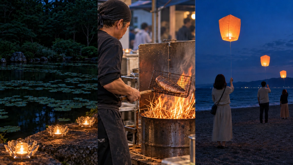 池のそばに並ぶ灯り、カツオを藁火で焼く職人、海辺でひも付きの灯るランタンを持つ人々を3分割で描いたイメージ
