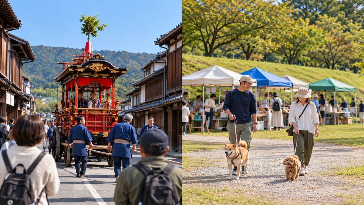 赤と金の山鉾を曳く人々と、リードにつながれた茶色の犬2匹を連れて公園のマルシェを歩く飼い主を左右2面で描いたイメージ。