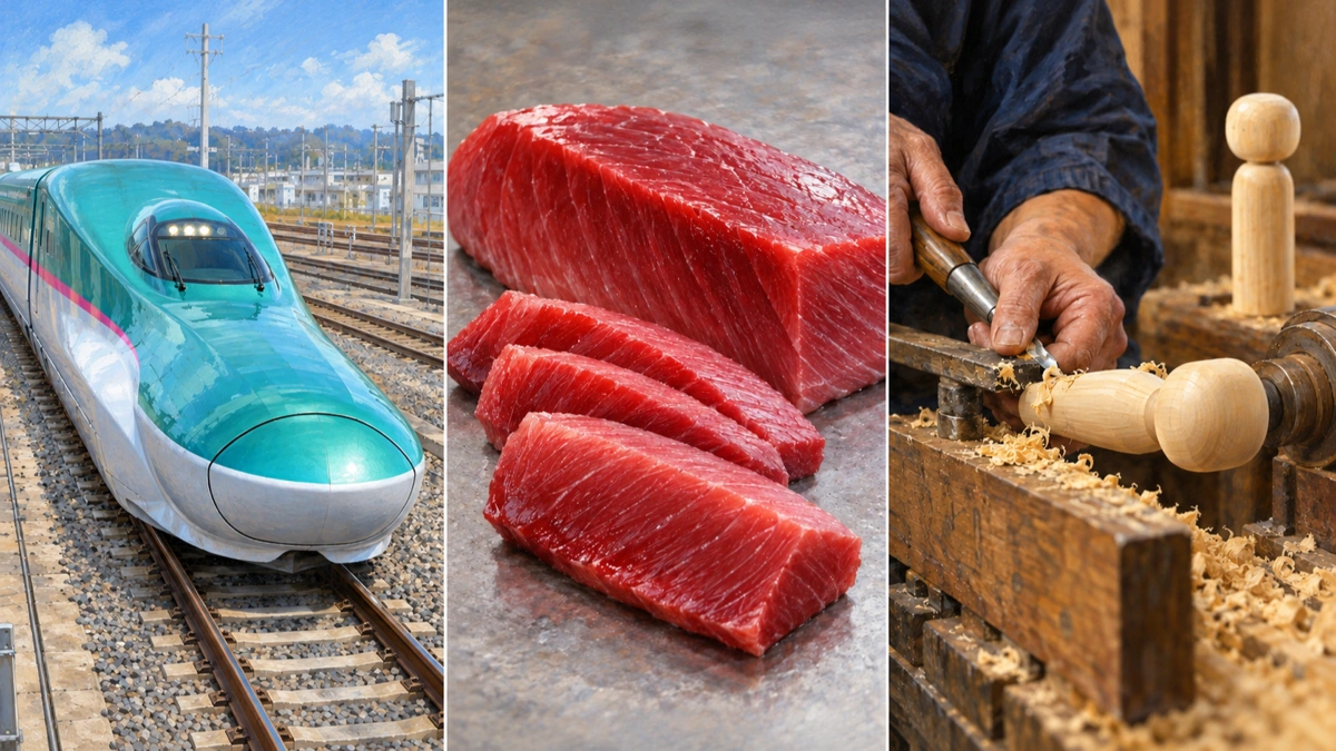 緑と白の新幹線、赤いマグロの切身、木製こけしを轆轤で削る職人の手元を3分割で描いたイラスト