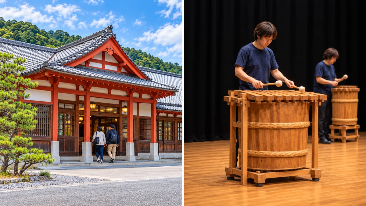 赤と白の駅舎と、木桶と木片の手作り楽器を演奏する人を並べた2分割のイメージ。