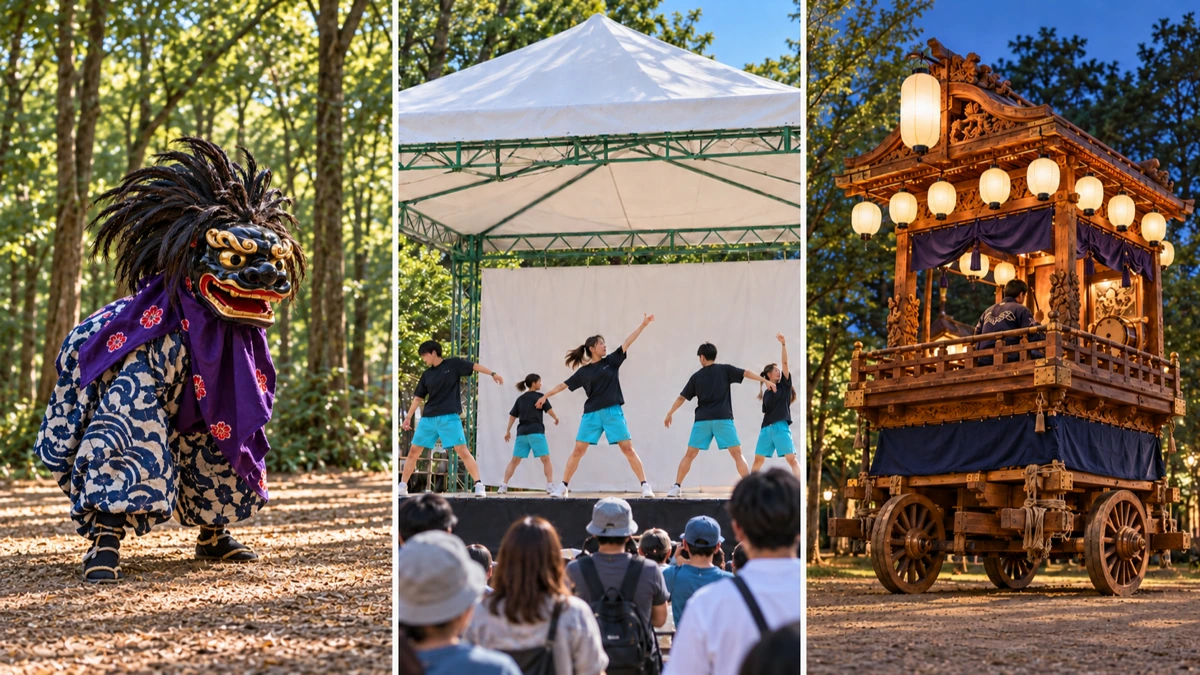 黒い獅子頭で舞う人、屋外舞台で踊る人々、提灯をともした木製の山車を左から3分割で描いたイメージ