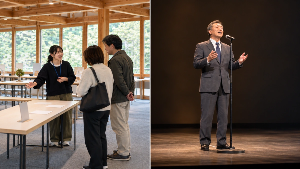 木の梁と窓のある展示室で説明を聞く人々と、マイクの前で歌うスーツ姿の男性を左右2面で描いたイメージ