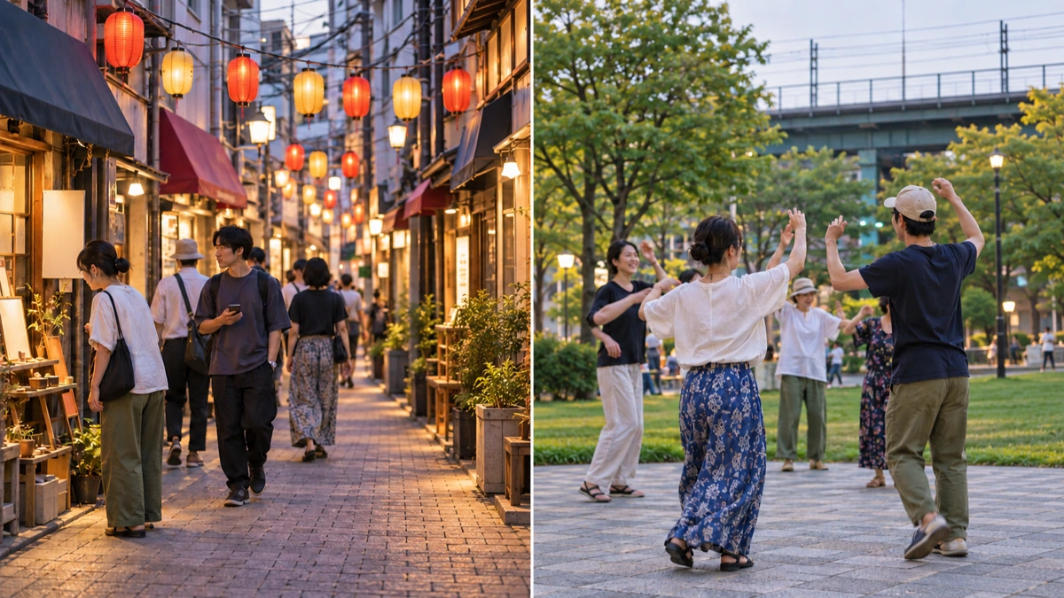 提灯のある高円寺の商店街を歩く人々と、公園で輪になって踊る人々を左右2面で描いたイメージ