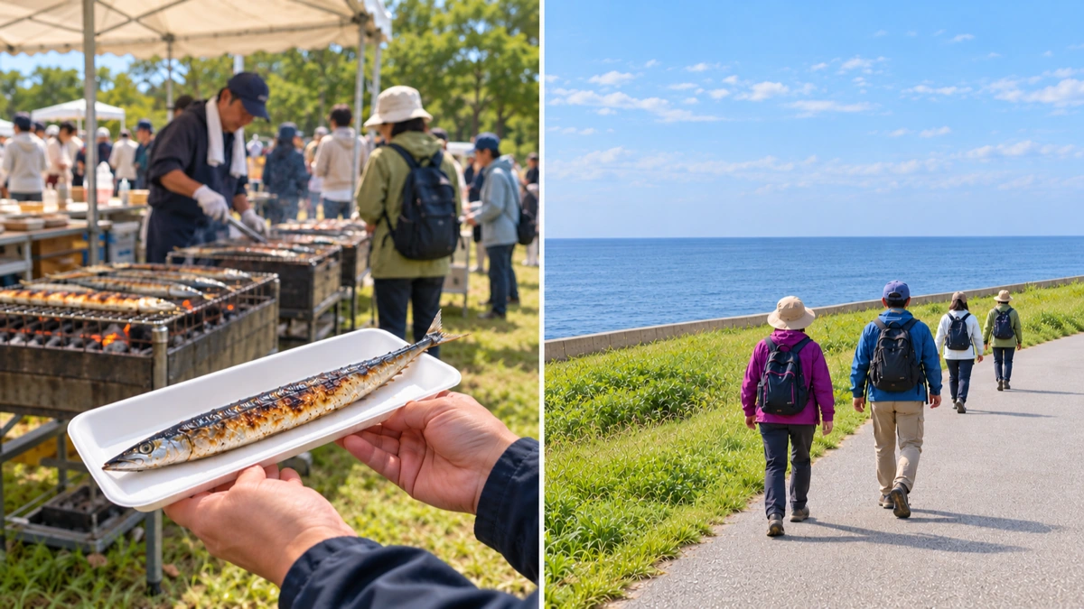炭火焼きの会場でさんまの皿を持つ手と、海沿いの道を歩く人々を左右二つに分けたイメージ