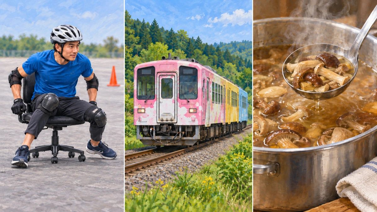 保護具を着けて事務いすに乗る選手、ピンク色のローカル列車、きのこ汁をすくうおたまを3分割で描いたイラスト